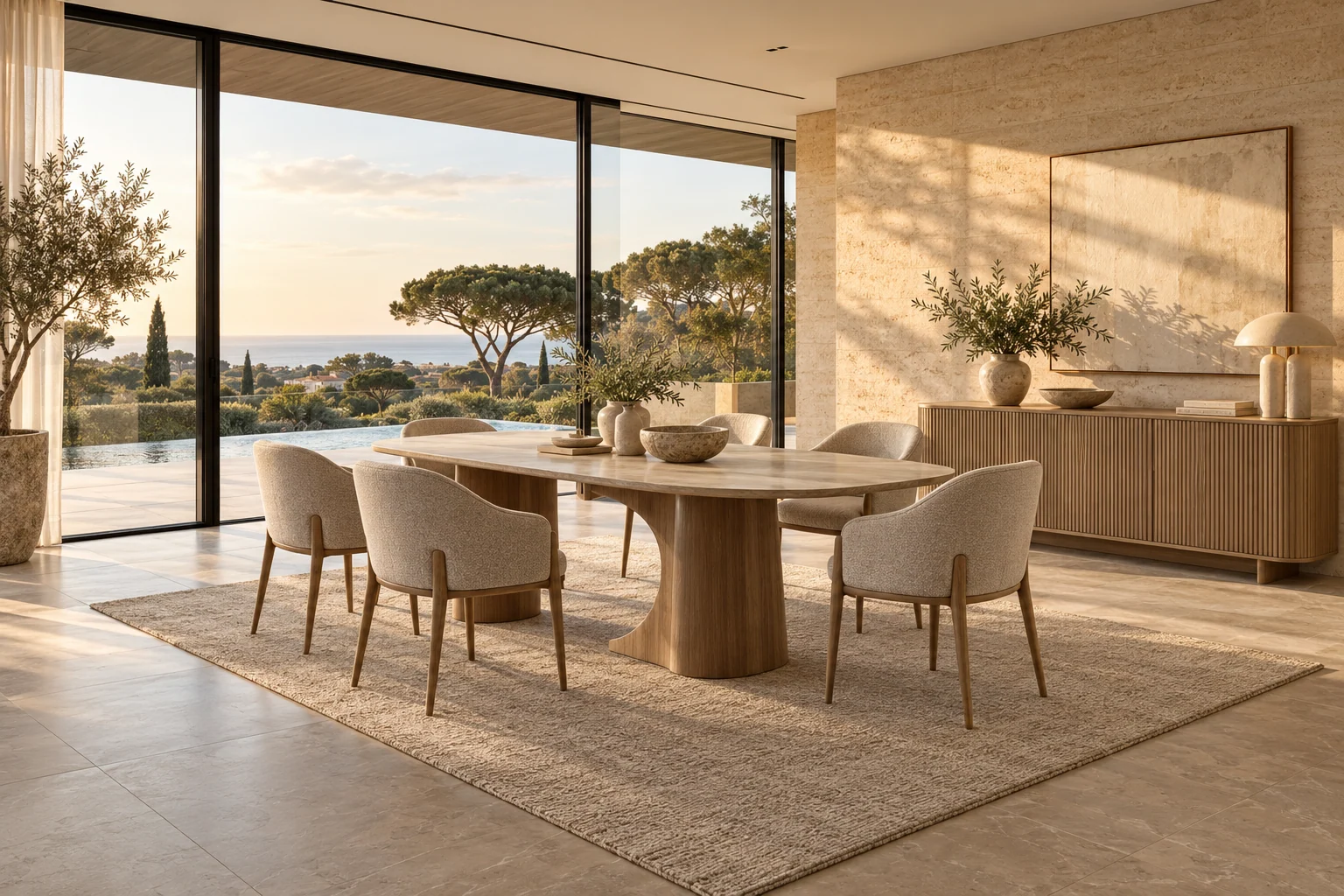 Sala de jantar elegante com mesa e cadeiras num ambiente mediterrânico