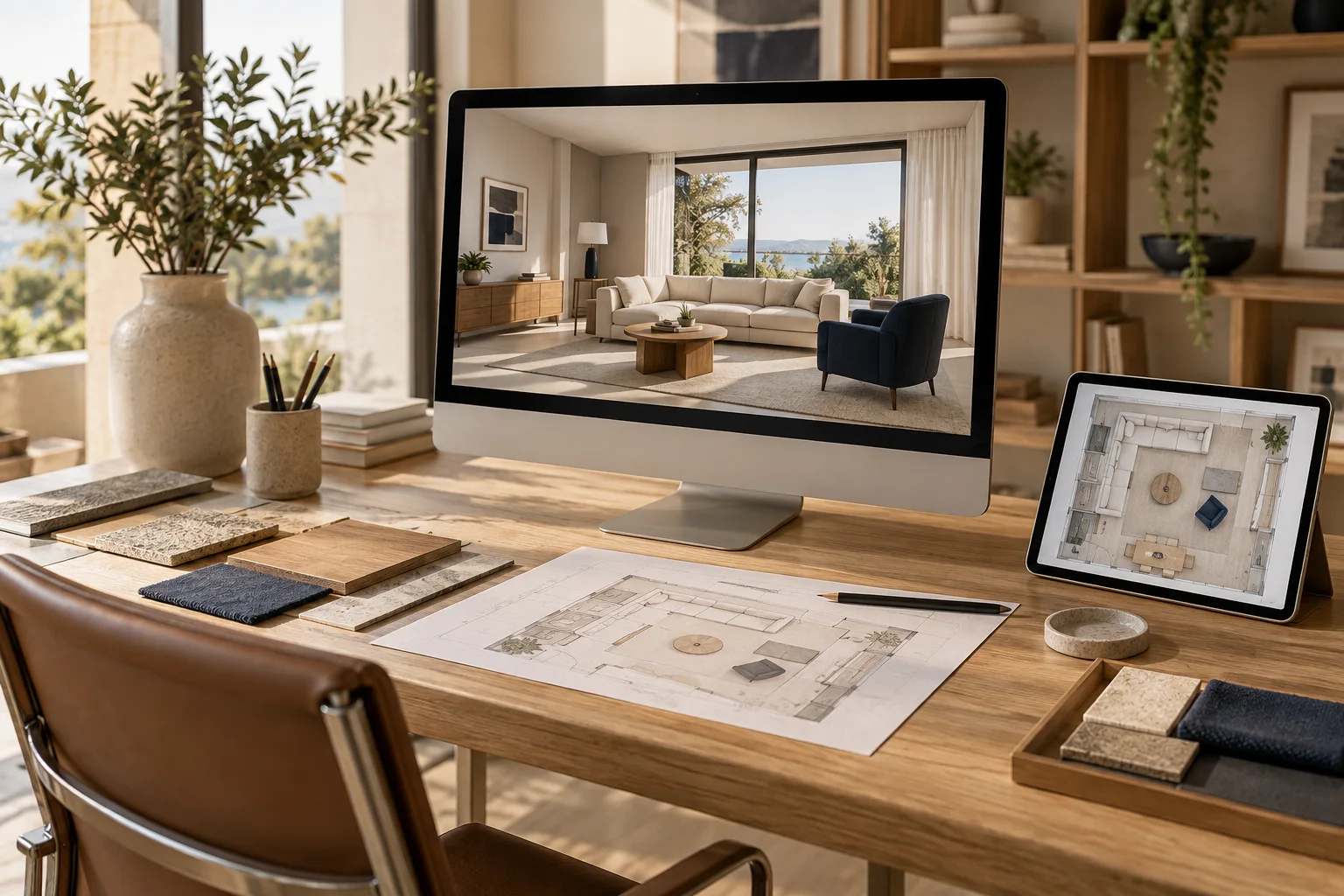 Mesa de projeto com planta, materiais e proposta de mobiliário